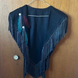 Wrangler Black Poncho with Fringe and Feather Details